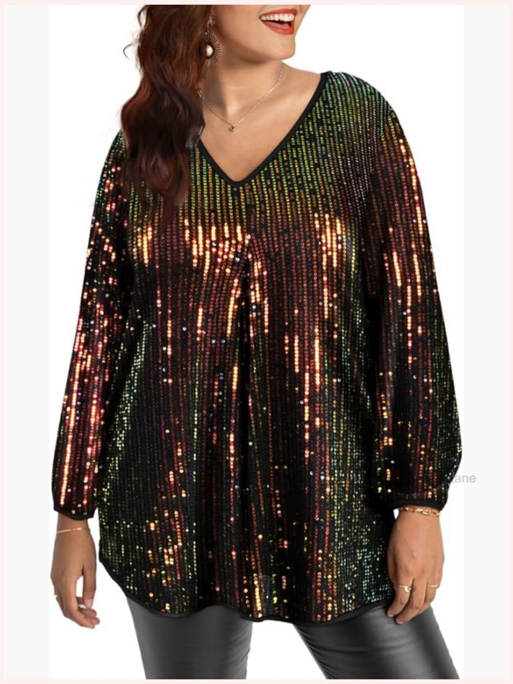 Plus Size Long Sleeve Tunic Top Pleated V Neck Flowy Blouse